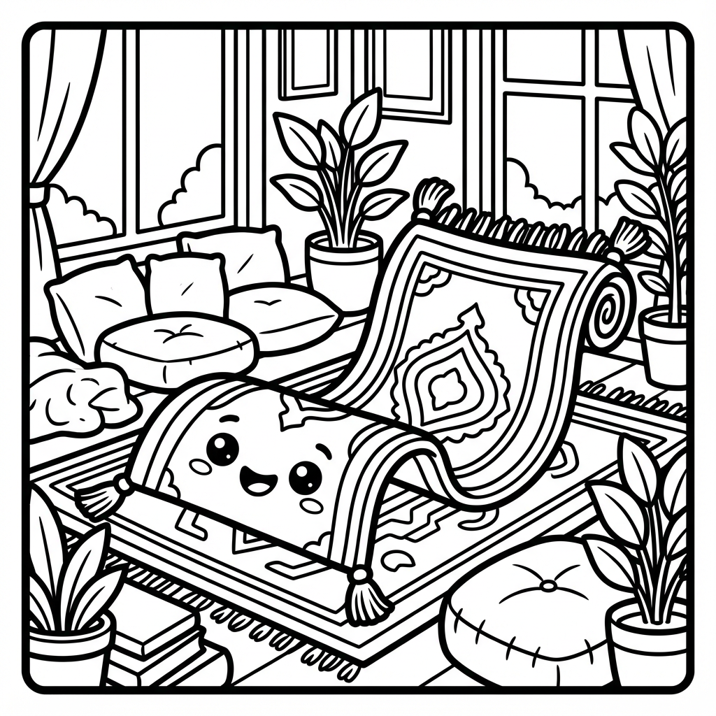 A smiling magic carpet unrolled on cozy floor, a wonderful bold line coloring pages scene.